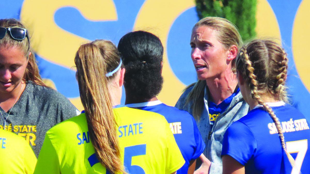 Head coach Lauren Hanson celebrates Sunday&#8217;s home win against University of  Nevada. The win marks her 54th win in the program, the most out of any other coach. / Christian Trujano