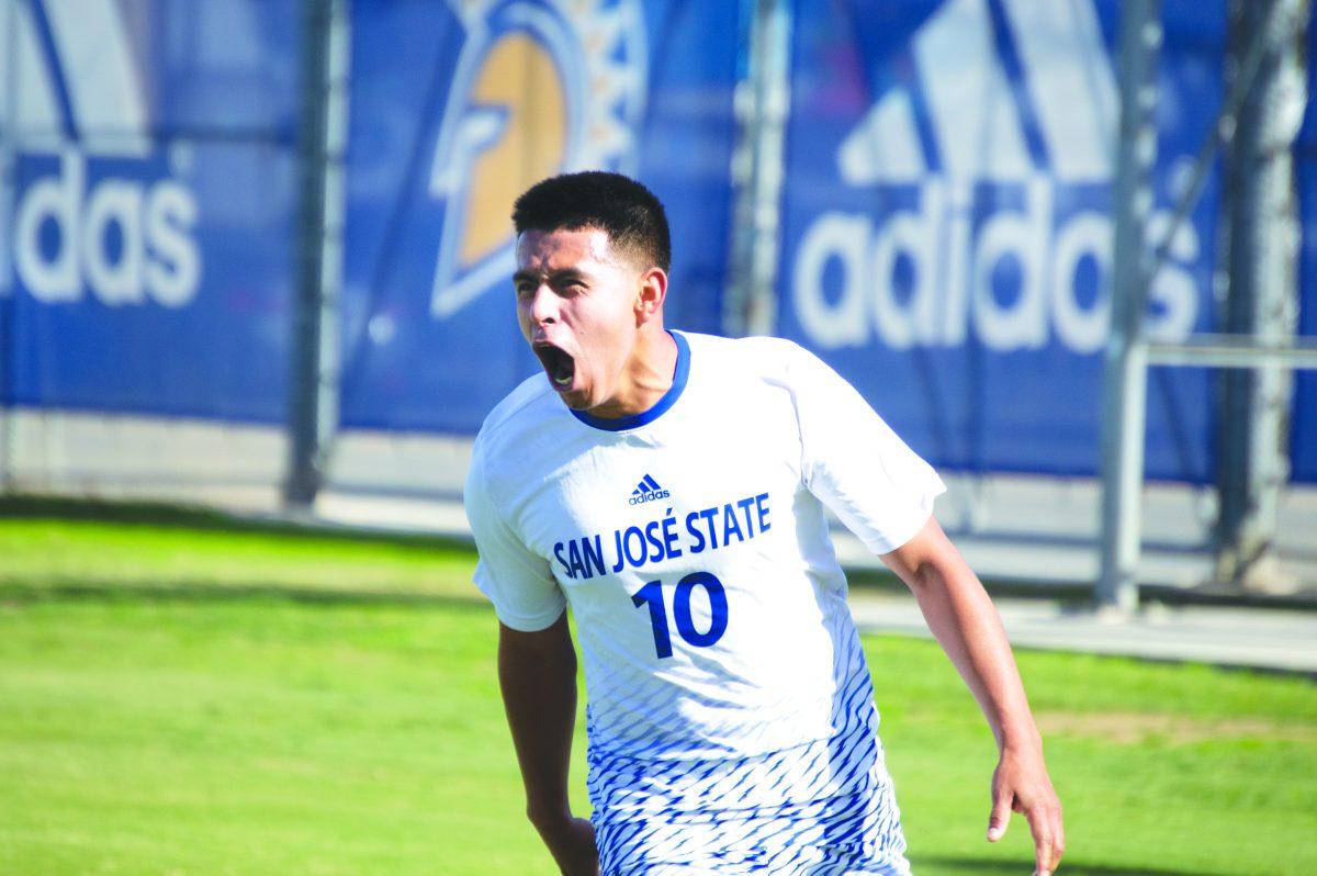 Junior midfielder Willy Miranda celebrates scoring the first goal of Sunday&#8217;s home game giving  San  Jose  State a 1-0 advantage against Air Force./ Jesus Tellitud