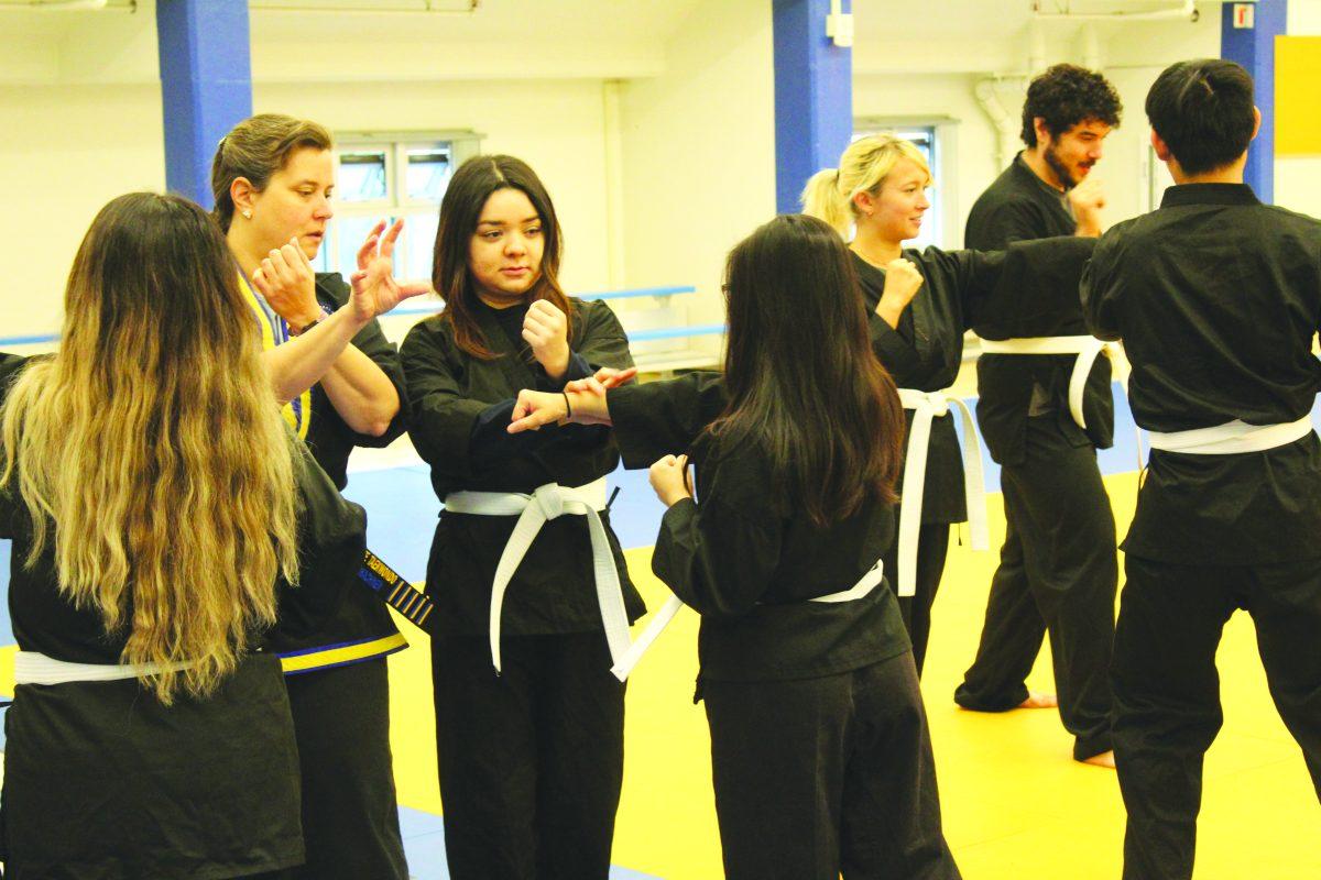  A mix of experienced martial artists and beginners practice in instructor Jennifer Schachner&#8217;s beginning taekwondo class at Yoshihiro Uchida Hall on Oct. 29.  / John Bricker