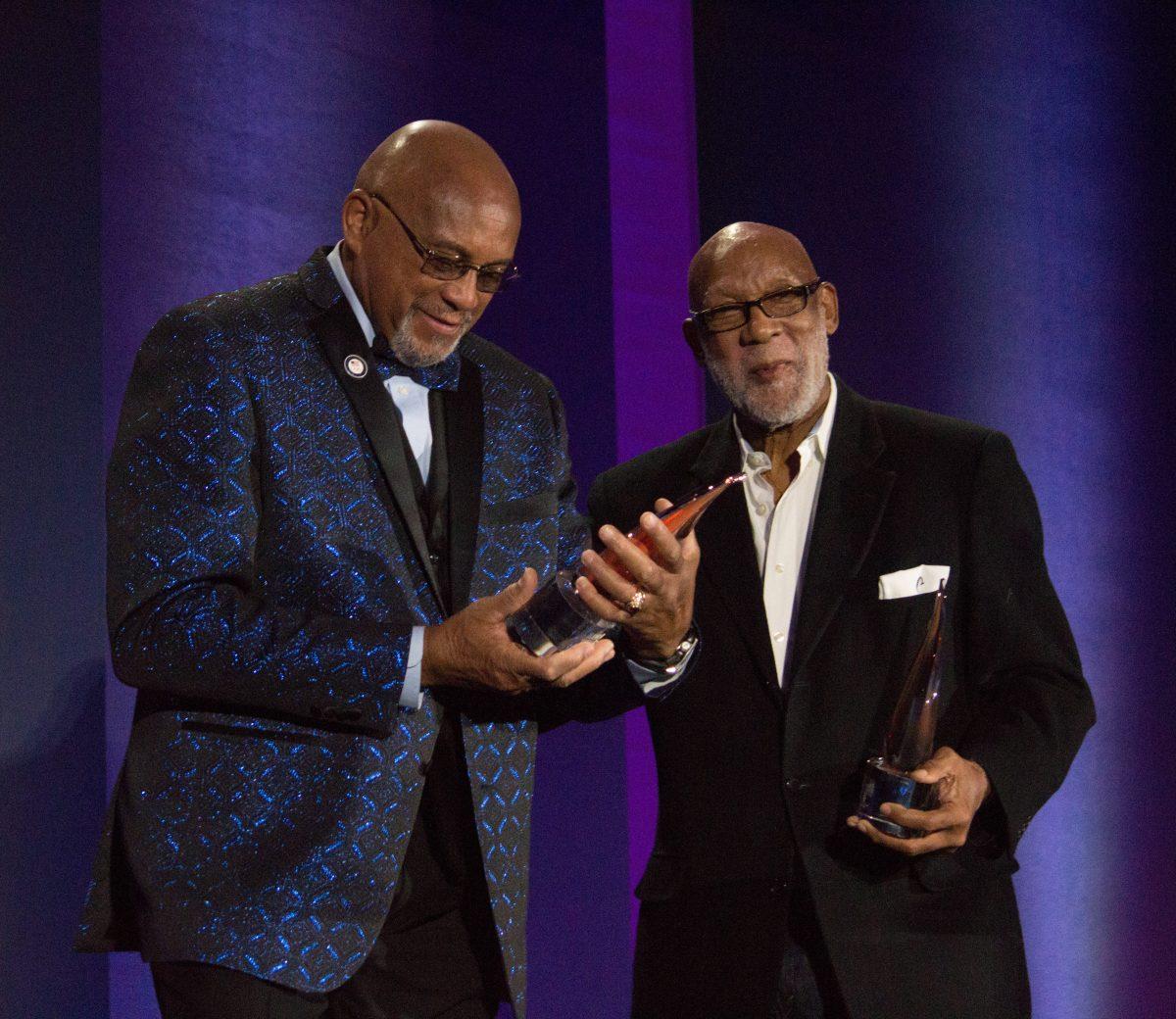 SJSU alumni and Olympians Tommie Smith and John Carlos receive their awards after being inducted into the US Olympic Hall of Fame 51 years after their iconic protest. Mauricio La Plante/Spartan Daily