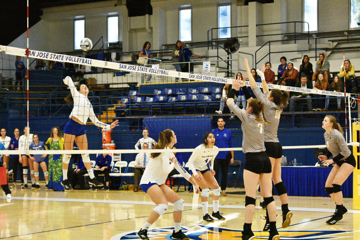 Senior outside hitter Fernanda Vido goes up for the spike during the Spartans&#8217; match with the University of Wyoming Saturday. Photo by Brendan Cross. 