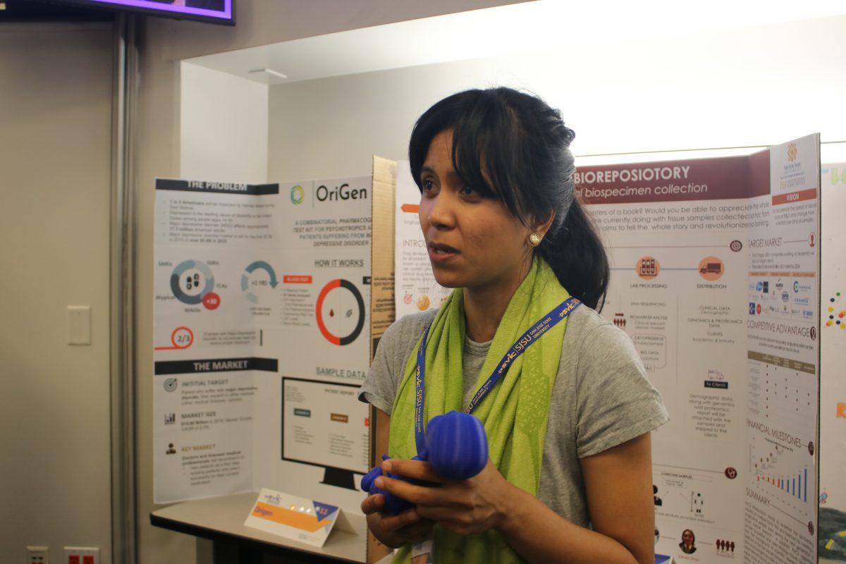 Biomedical engineering senior Kezia Joy Ugay holds a 3D-printed baby doll that her team prototyped to help train nursing students at the 2019 Silicon Valley Innovation Challenge. Photo by Kunal Mehta/Spartan Daily