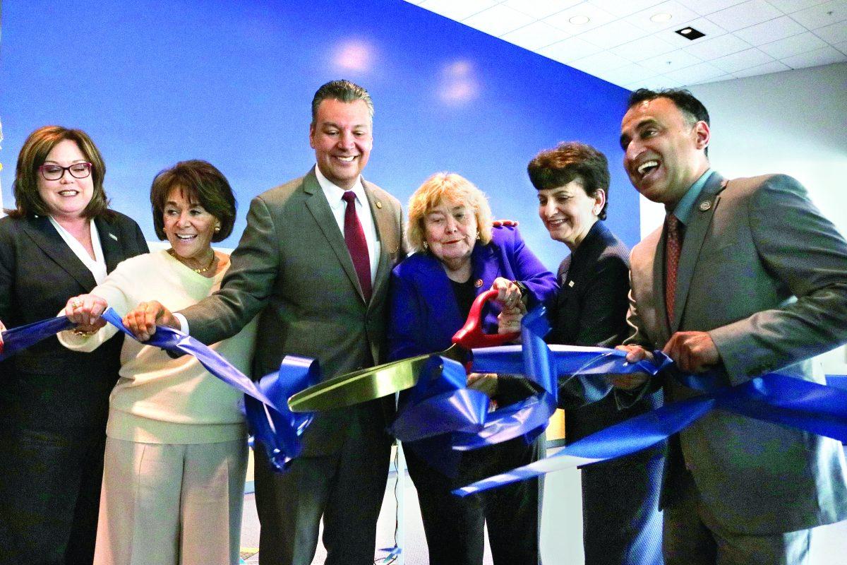 Left to right: Shannon Bushey, the Santa Clara County Registrar of Voters, U.S. Rep. Anna Eshoo, California Secretary of State Alex Padilla, U.S. Rep. Zoe Lofgren, SJSU President Mary Papazian and Assembly member Ash Kalra cut a ribbon to celebrate SJSU&#8217;s