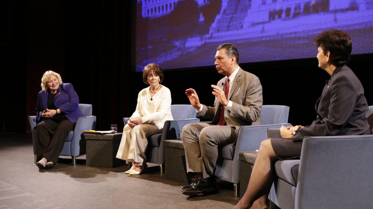 Left to right: U.S. Reps. Zoe Lofgren and Anna Eshoo listen to California Secretary of State Alex Padilla speak about election security while SJSU President Mary Papazian moderates the town hall Thursday evening. Mauricio La Plante/Spartan Daily