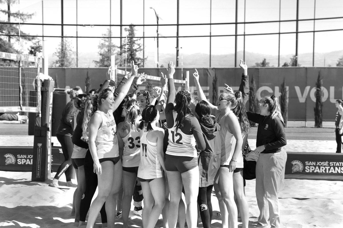 Top: The Spartans celebrate in a team huddle after their 3-2 win over UC Davis.  SJSU nearly went undefeated over the weekend winning 4 out of 5 games. 