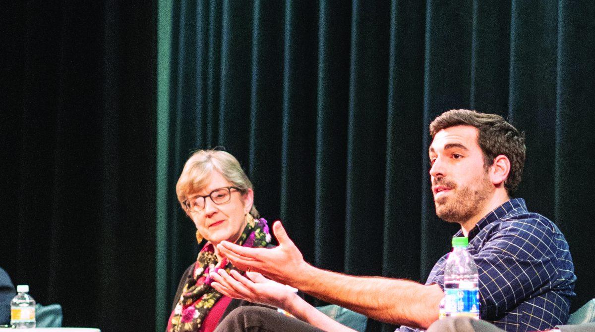 Speakers Ann Agee (left) Etienne Brown (right) discuss &#8220;fake news&#8221; with students on Wednesday in the Student Union Theater. Eduardo Teixeira/Spartan Daily