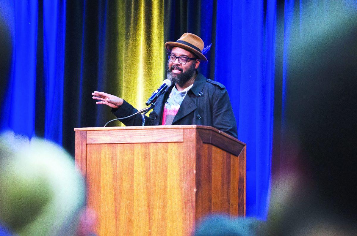 Reginald Dwayne Betts speaks to students about his career as a lawyer, author and poet Wednesday at the Student Union Ballroom. Blue Nguyen/Spartan Daily