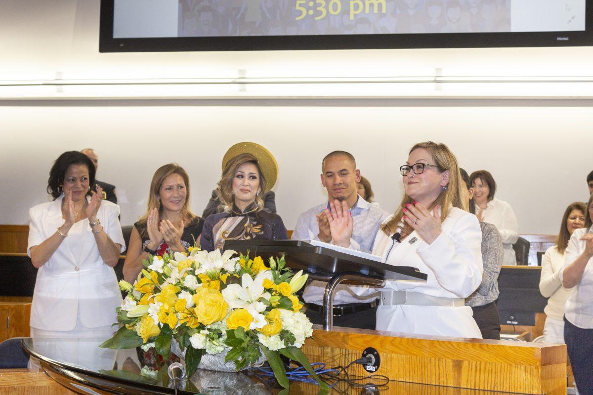 Cindy Chavez, Santa Clara County Board of Supervisors president, evokes applause from listeners while discussing environmental issues, the county&#8217;s housing crisis and other issues during the 2020 State of the County.