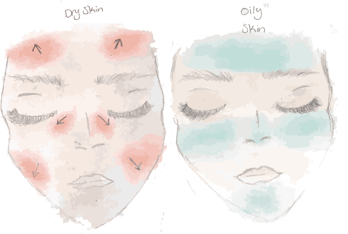 The arrows shadowed on the left face chart show the directions tight skin &#8216;pulls&#8217; when dry. The shaded area on the right face chart signifies the blotches of oil on the face for oily skin.