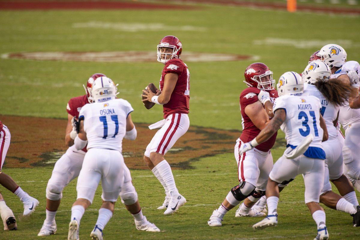 Grad transfer quarterback Nick Starkel threw 5 interceptions as a Razorback on Sept. 21 against the Spartans at Razorback Stadium. SJSU won the game 31-24. Photo courtesy of the University of Arkansas Athletics