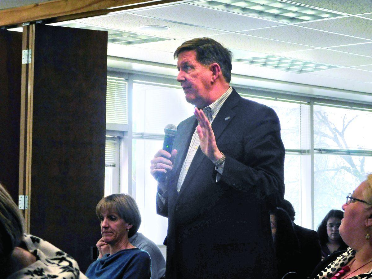 Charlie Faas, vice president for administration and finance, explains the necessary steps the university is willing to take to ensure the safety of students and faculty members, Monday  at the Academic Senate meeting. Brianna Sheats/Spartan Daily