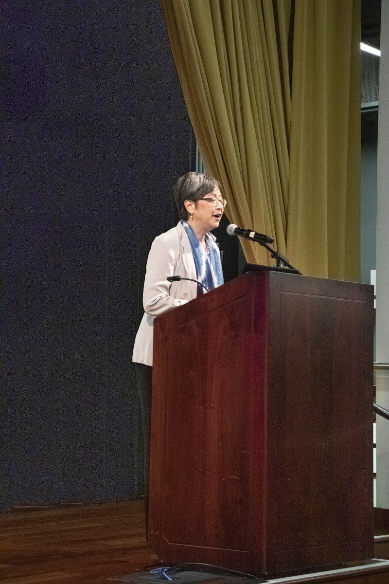 Christine Reiko Yano lectures to an audience of approximately 150 people Thursday.