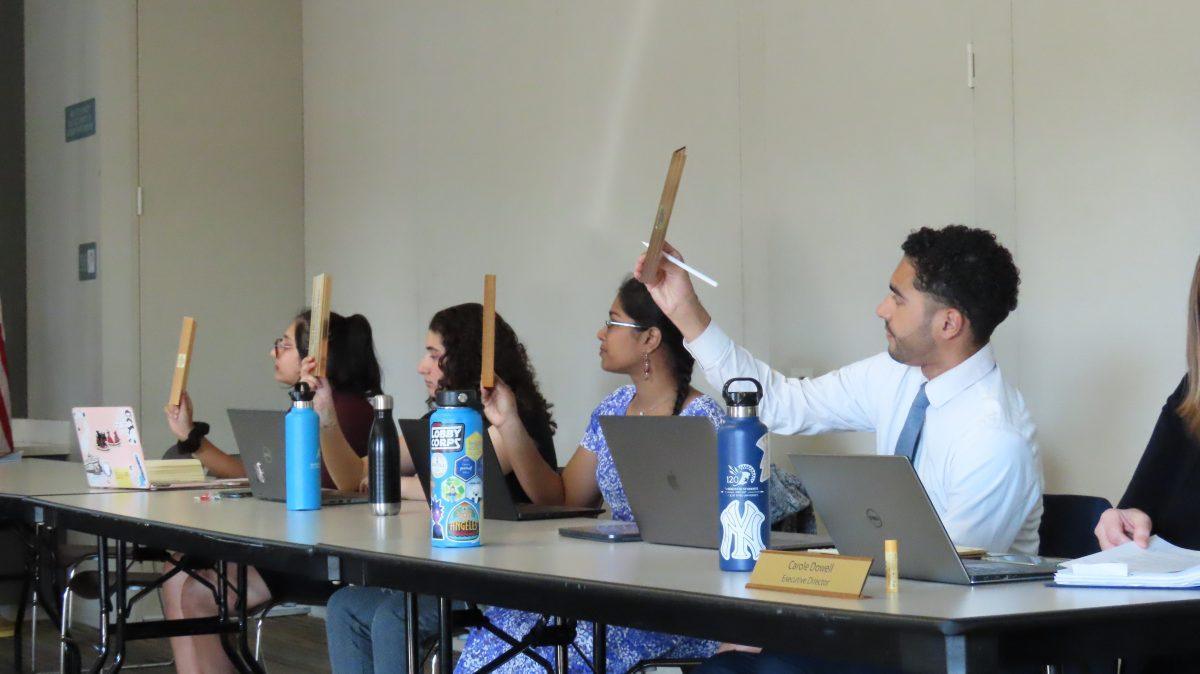 Associated Students directors raise their plaques to vote for the approval of $2,000 for free menstrual products supplies last Wednesday. Briana Conte/Spartan Daily