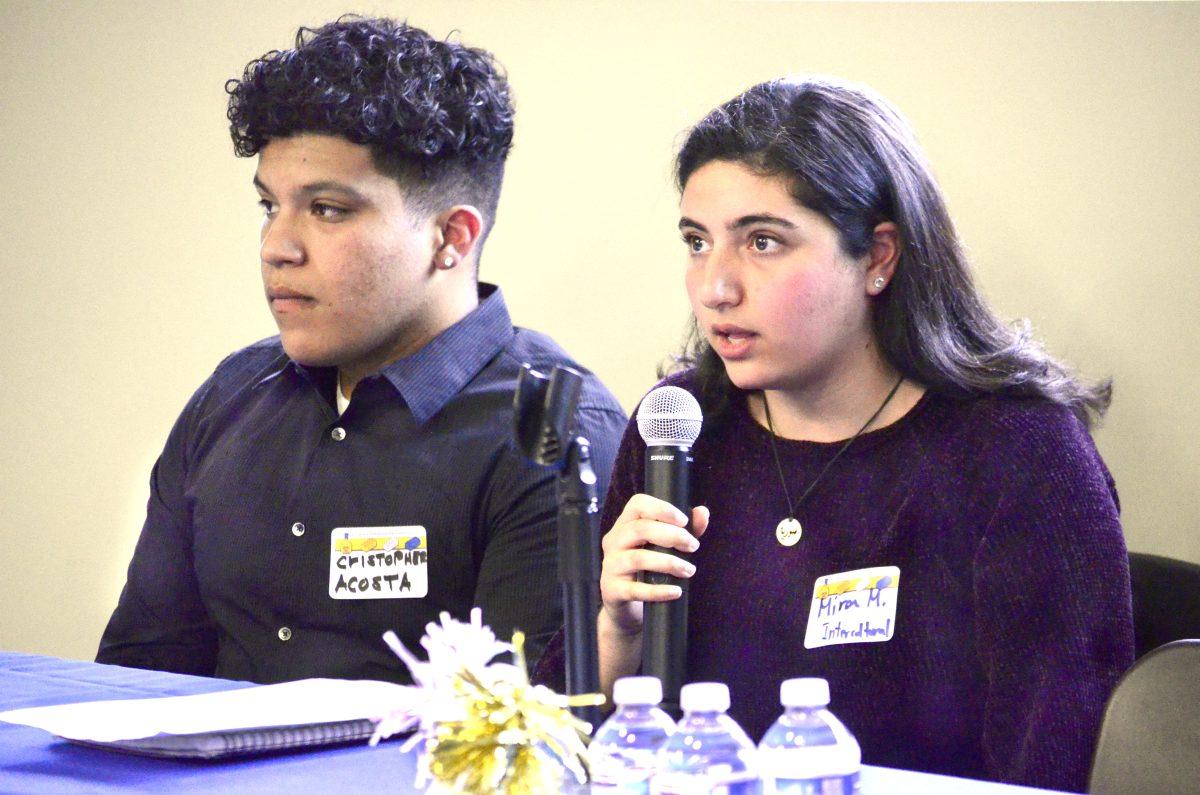 During last year&#8217;s A.S. debates, Intercultural Affairs Director  candidate Cristopher Acosta (left) and current director  Mira Mustafa debate about diversity. Mauricio La Plante/Spartan Daily