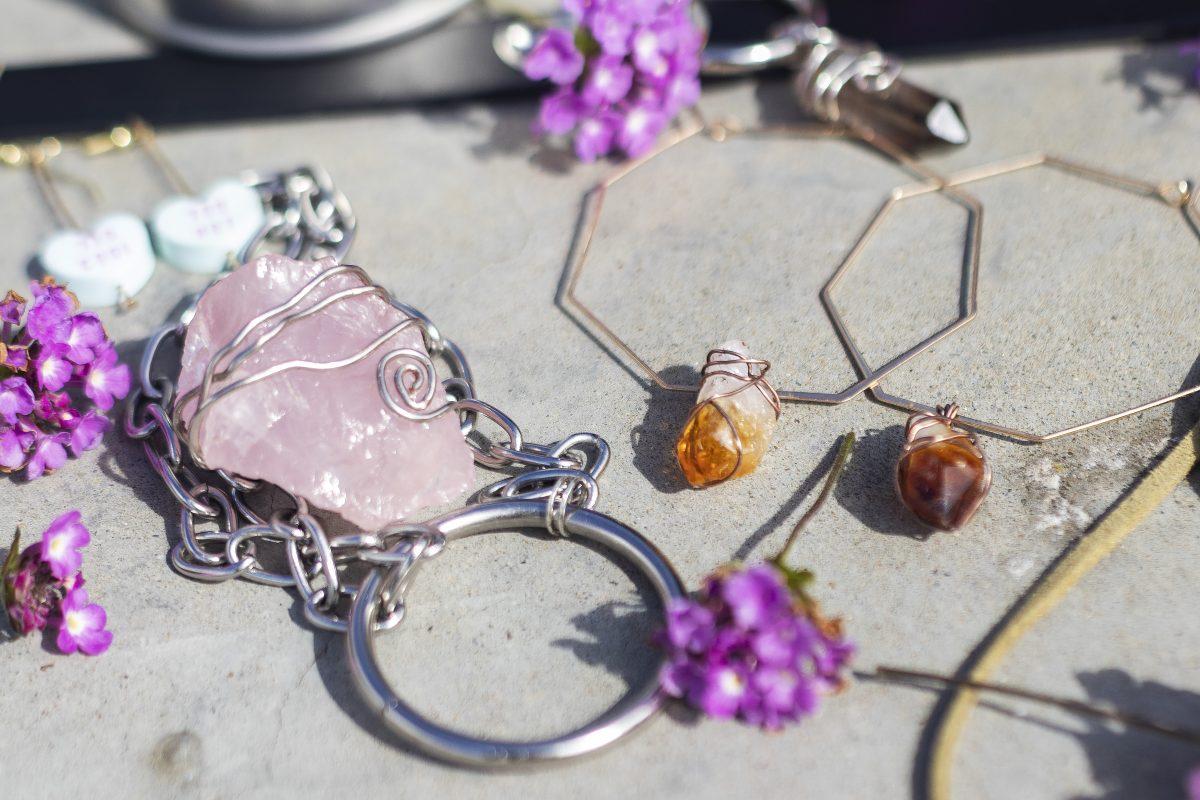 Bree Estrada continues to create original crystal jewelry such as the rose quartz pendant necklace (left) and the octagonal hoop earrings (right) pictured above.