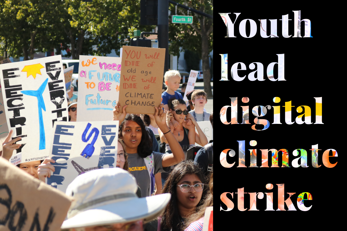 Local high school students march toward the steps of City Hall after organizing with other climate activists during a Sept. 20, 2019 demonstration. Archive photo by Melissa Maria Martinez, Photo illustration by Chelsea Nguyen Fleige