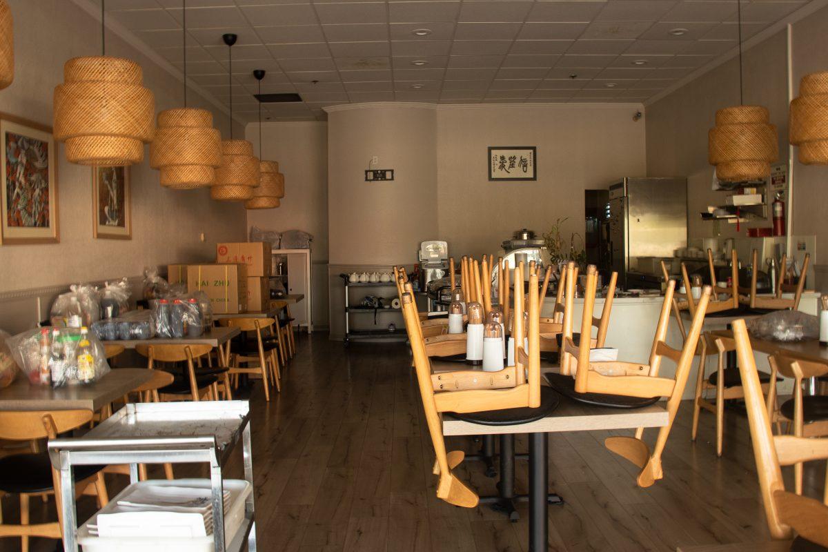 Shanghai Bistro, a Chinese cuisine restaurant in Newark, California closed its doors and filpped its chairs onto the tables because of the coronavirus pandemic. Businesses such as this are not considered essential businesses. Gia Pham/Spartan Daily