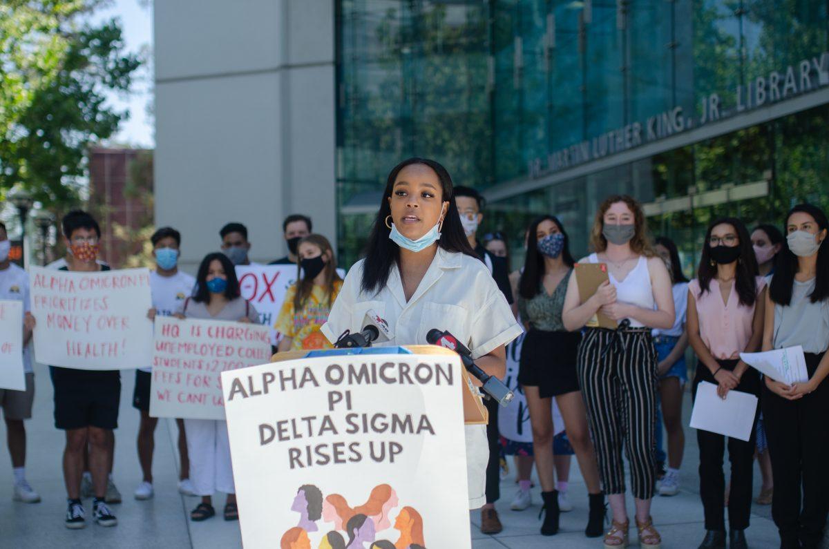 Terra Walls, vice president of Silicon Valley NAACP youth branch and SJSU Alpha Xi Delta alumna, speaks at Alpha Omicron Pi news conference last Wednesday. Blue Nguyen/ Spartan Daily