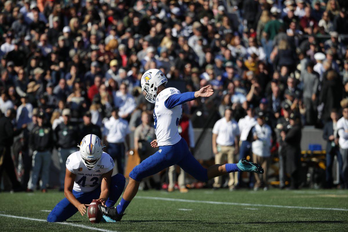 Sophomore kicker Matt Mercurio, who joined San Jose State&#8217;s football team as a walk on, kicks a field goal against Army West Point on Oct. 26, 2019. Photo courtesy of SJSU Athletics