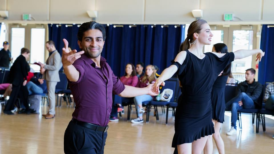 Dancesport club members, Areeb Yaqub and Nicole Smoot, compete in the UC Berkeley Ballroom Classic on March 7. Photo courtesy of Angelica sham.