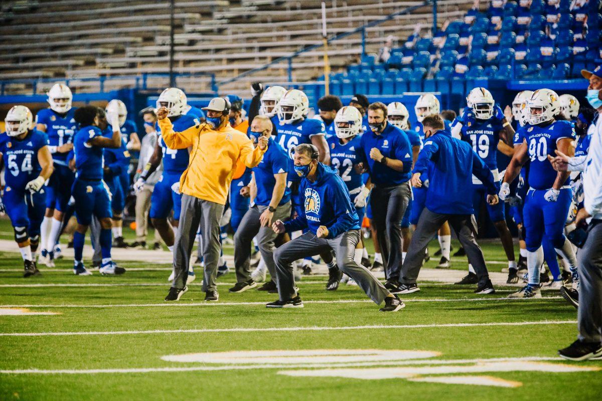 Head coach Brent Brennan celebrates on the field after the Spartans defense put a stop to the Falcons offense at the 1-yard line Saturday. Photo courtesy of SJSU Athletics.