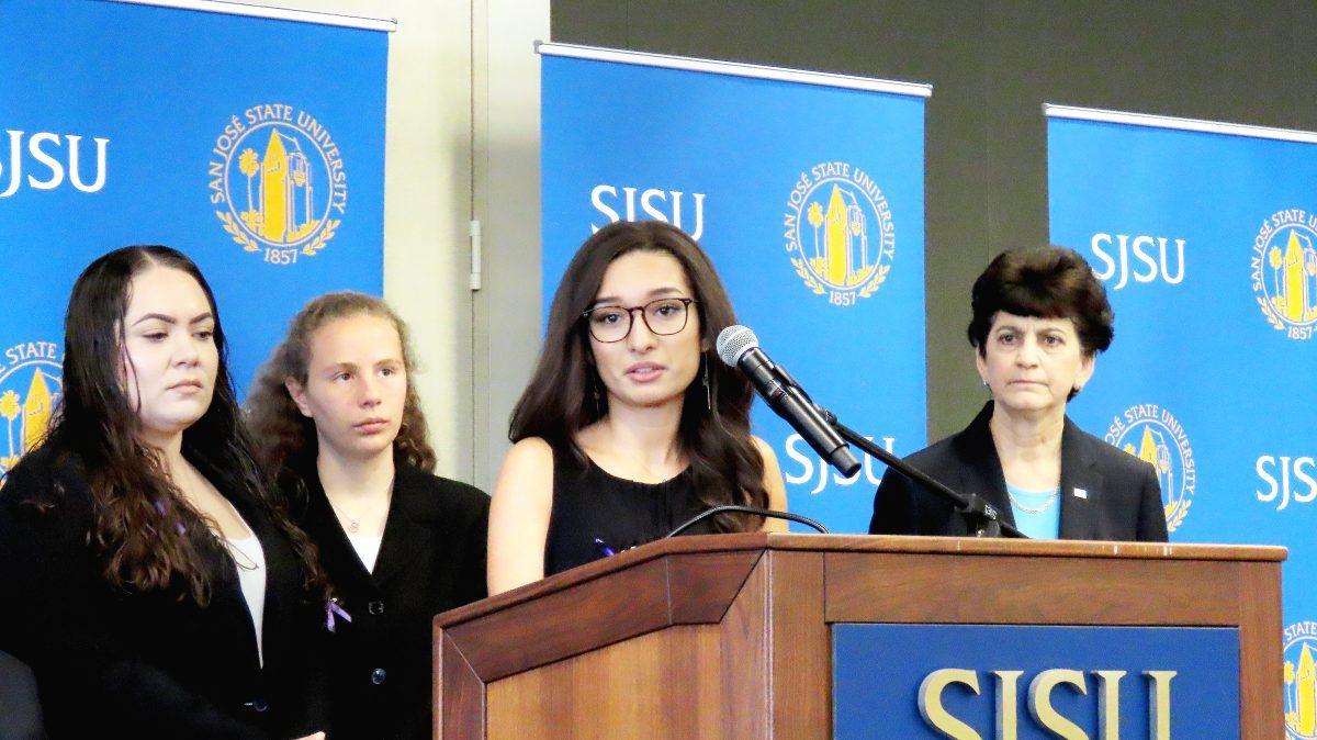 From left to right: Student Homeless Alliance members Lana Gomez, Diana Rendler and Briena Brown answer questions about housing solutions during a Jan. 27 news conference. Christian Trujano | Spartan Daily Archives