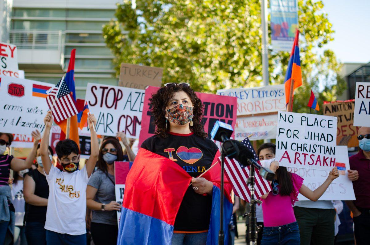Alla Petrosyan, Armenians for Peace organizer and San Jose State engineering professor, raises awareness about the Armenian-Azerbaijan conflict at city hall.