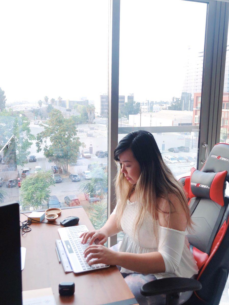 Graphic design senior Vicky Vo creates a gaming app using a software called Figma in her home office.