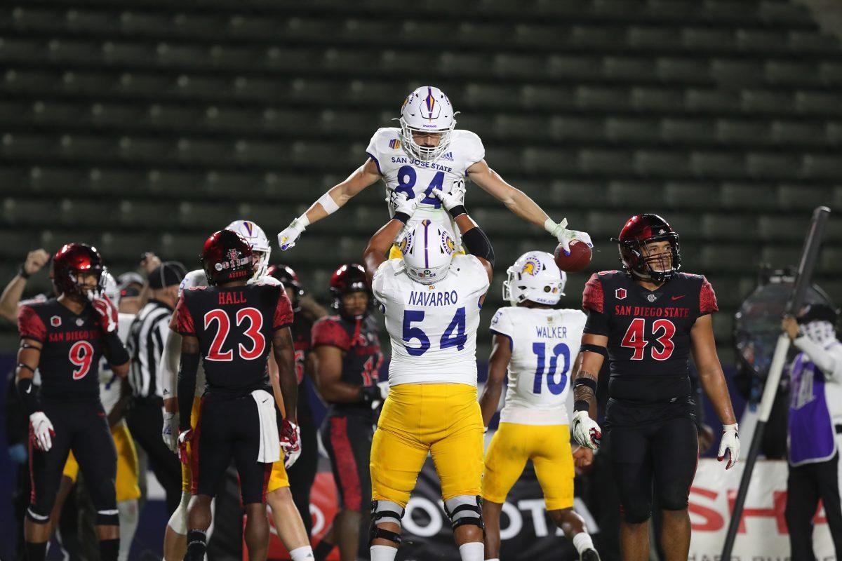 Offensive lineman Jaime Navarro (54) celebrates with receiver Bailey Gaither (84) after Gaither scored a touchdown in the third quarter Friday night. Photo courtesy of SJSU Athletics. 