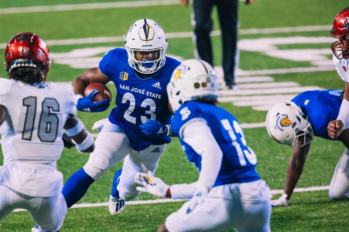 Running back Tyler Nevens scores a touchdown for SJSU's football team in its 34-17 win over the University of Nevada, Las Vegas Saturday at CEFCU Stadium. Photo Courtesy of Ron Fried. 