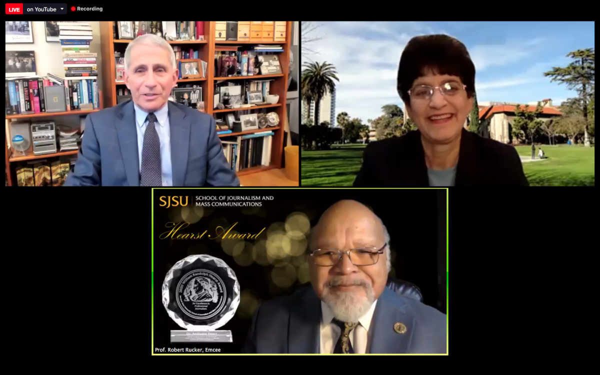 Dr. Anthony Fauci (top left), SJSU President Mary Papazian (top right) and journalism professor Bob Rucker (bottom) share a moment during the award ceremony Tuesday. Olivia Gerber | Spartan Daily 