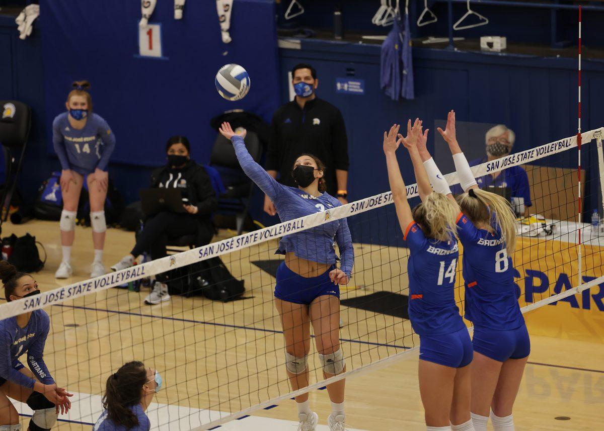 The San Jose State volleyball team played its first home game in 441 days Friday in a 3-1 loss to Boise State. SJSU players wore masks in accordance with the county&#8217;s new COVID-19 regulations.