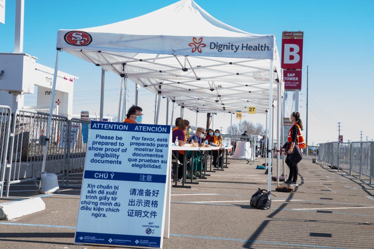COVID-19 vaccination site staff wait at registration tables for residents to arrive at Levi's Stadium in Santa Clara on Wednesday I Photo by Yami Sun