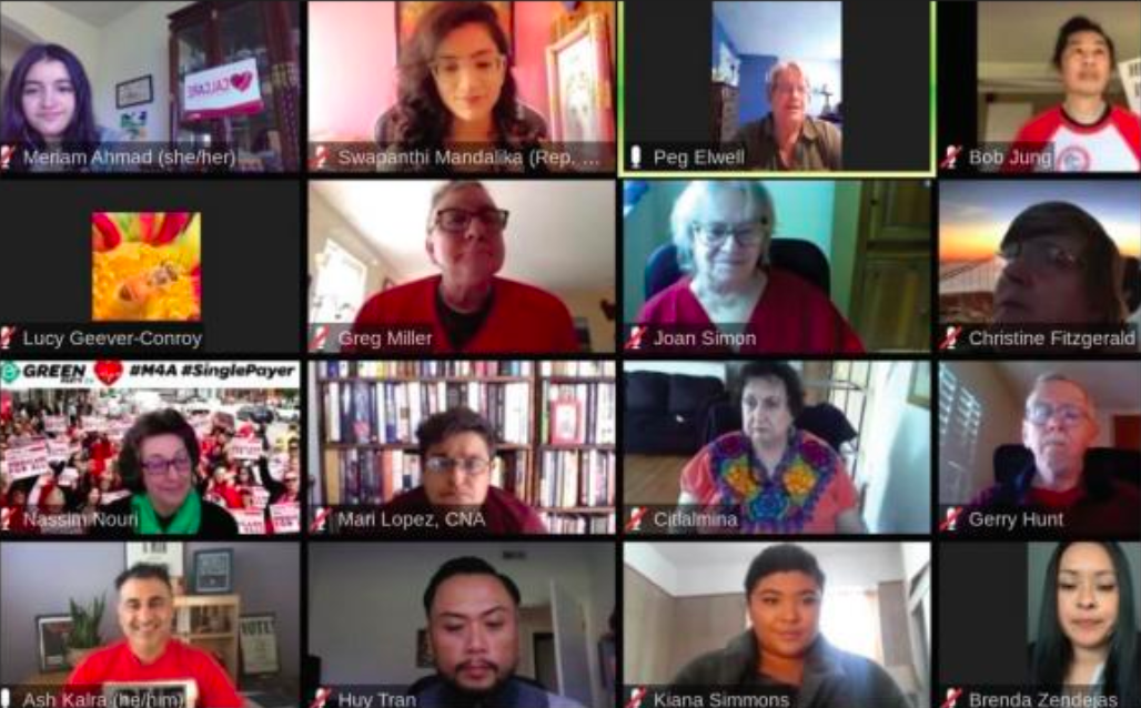 Grassroots community leaders of the Santa Clara County Single Payer Health Car Coalition and Santa Clara County city leaders and community members discuss inequities within the health care system in a Zoom panel called 'Health Justice Dialogue" on Sat.