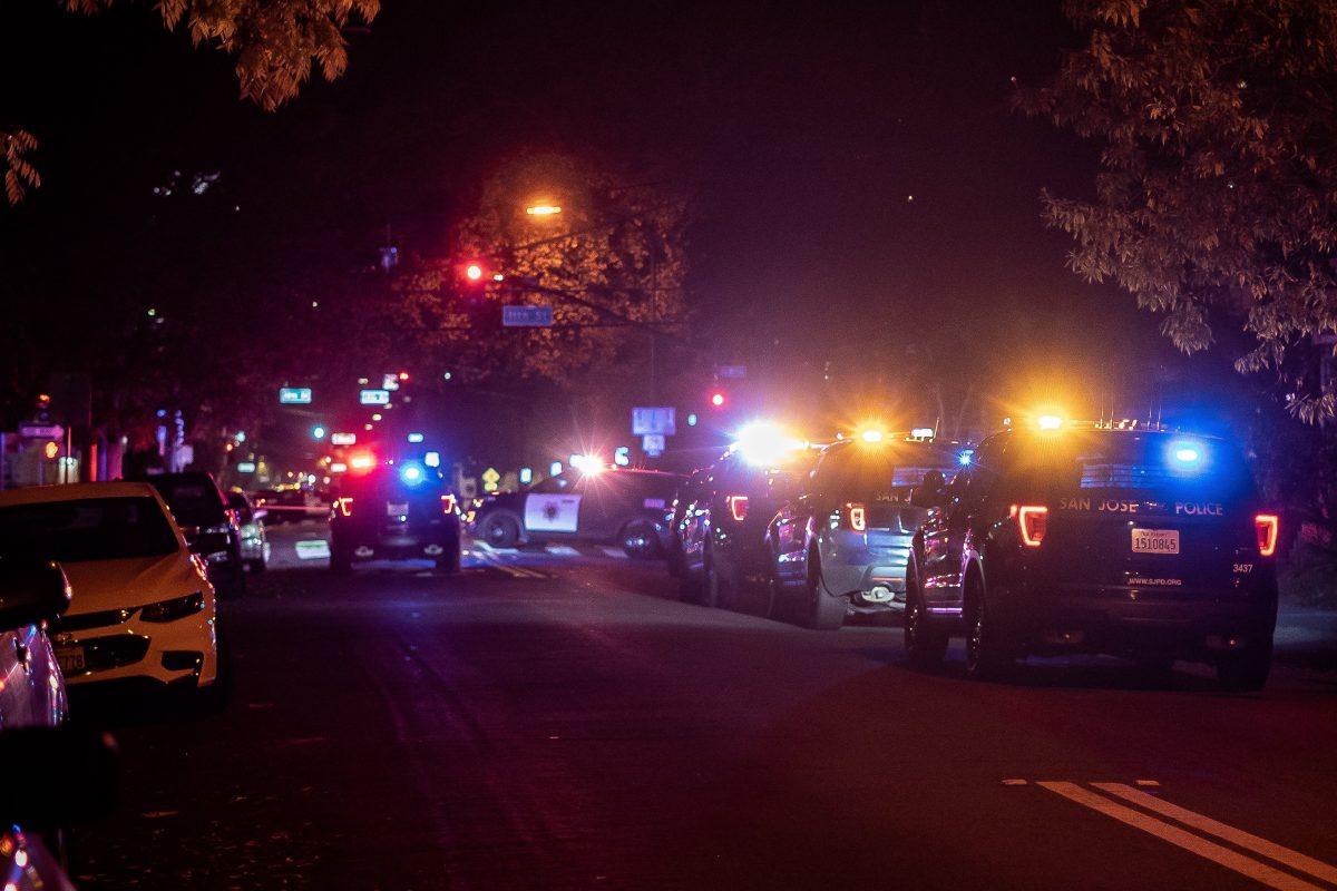 San Jose Police cars block the area of a crime scene near San Jose State on East Fernando Street on Nov.22, 2020 I Photo by Jesus Tellitud I Spartan Daily Archives 