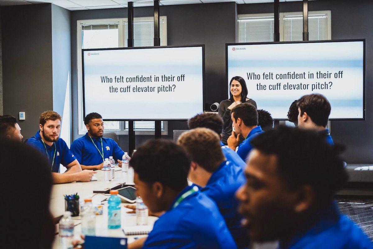 SJSU football players visit Facebook headquarters where they learned about career development in April 2019.
