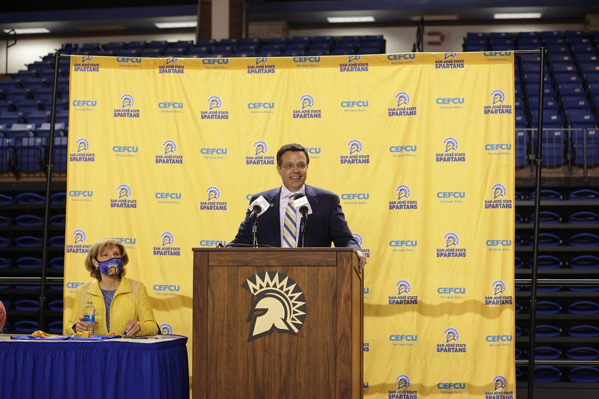 Head coach Tim Miles answers questions during an April 7 news conference at the Provident Credit Union Event Center aside Athletic Director Marie Tuite.