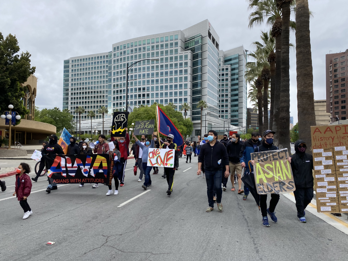 Local activists and protestors march west along Santa Clara Street toward Discovery Meadow Park in Downtown San Jose I Photo by Madilynne Medina