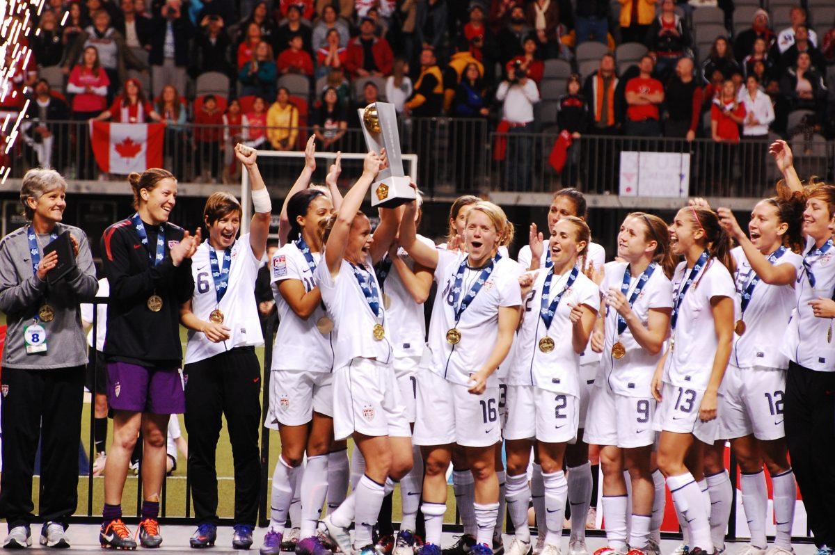 The United States Women&#8217;s National Team celebrates its victory in 2012 against Canada to qualify for the Olympics.