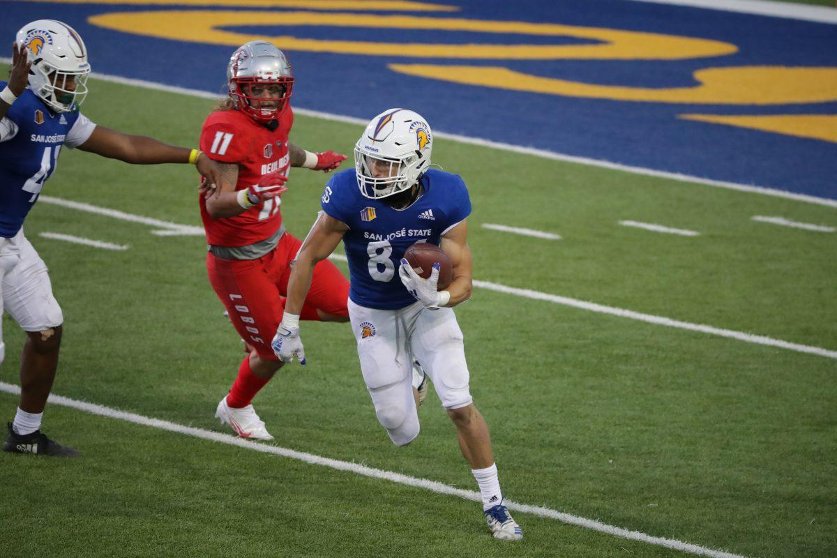 Wide receiver Bailey Gaither begins a run during an Oct. 2, 2020 game against New Mexico. Photo courtesy of Terrell Lloyd, SJSU Athletics.