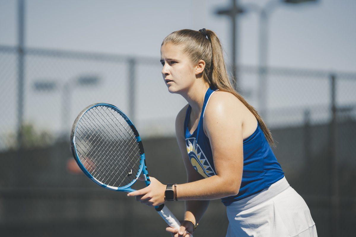  Freshman Raquel Villan Pereira stands ready on the court during an April 23 match at the Fertitta Tennis Complex. Photo Courtesy SJSU Athletics.