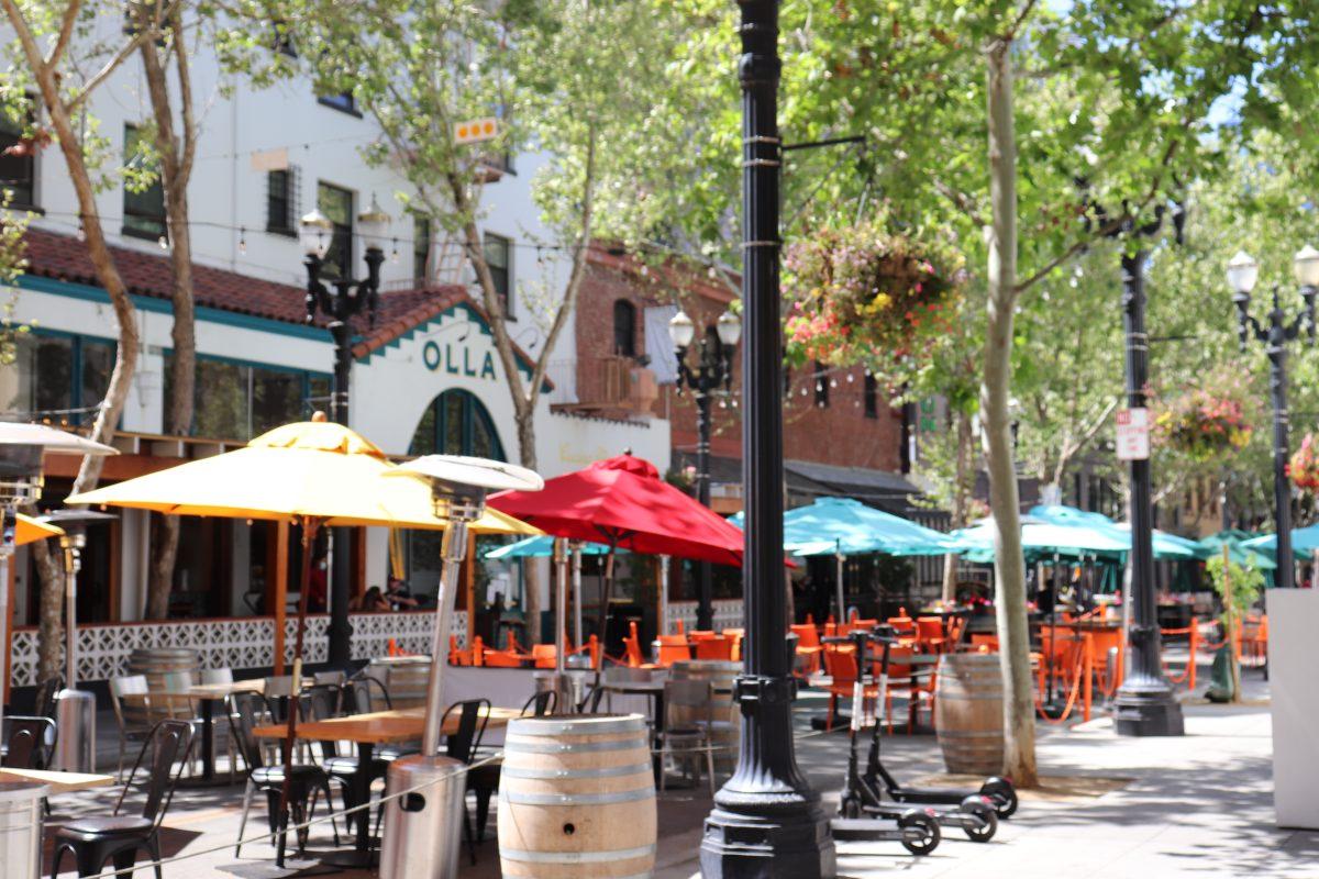 North Pedro Street Square fills with outdoor seating outside of Olla Cocina in Downtown San Jose Monday I Photo by Jovanna Olivares