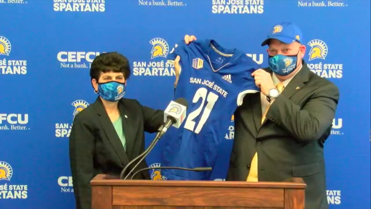 SJSU President Mary Papazian and new athletic director Jeffrey Konya stand together during a news conference hosted on Zoom Monday. Screenshot courtesy of Christina Casillas | Spartan Daily