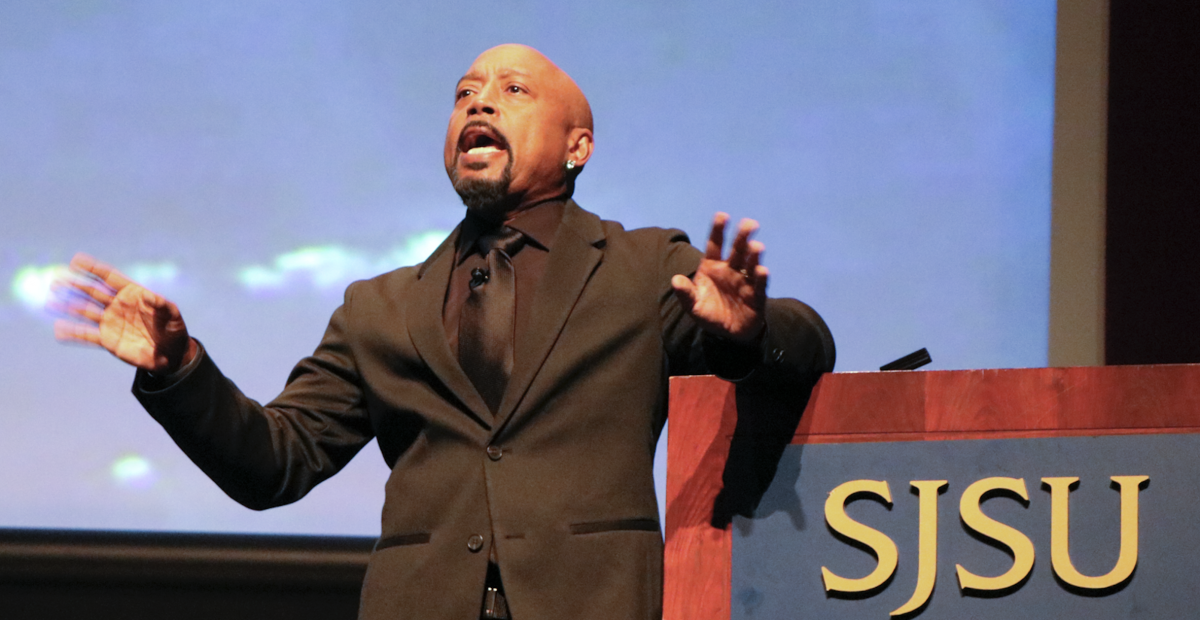 Daymond John, co-star of ABC's "Shark Tank," talks to about 300 attendees, many of whom were San Jose State affiliates, about how he became a national-leading entrepreneur and shares tips for becoming successful in the Hammer Theatre Center Tuesday. Bryan