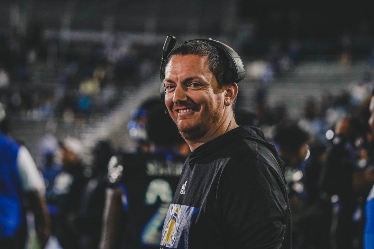 Jonathon Hankinson, director of football equipment, smiles during SJSU's 34-6 win over Western Michigan on Sept. 24.