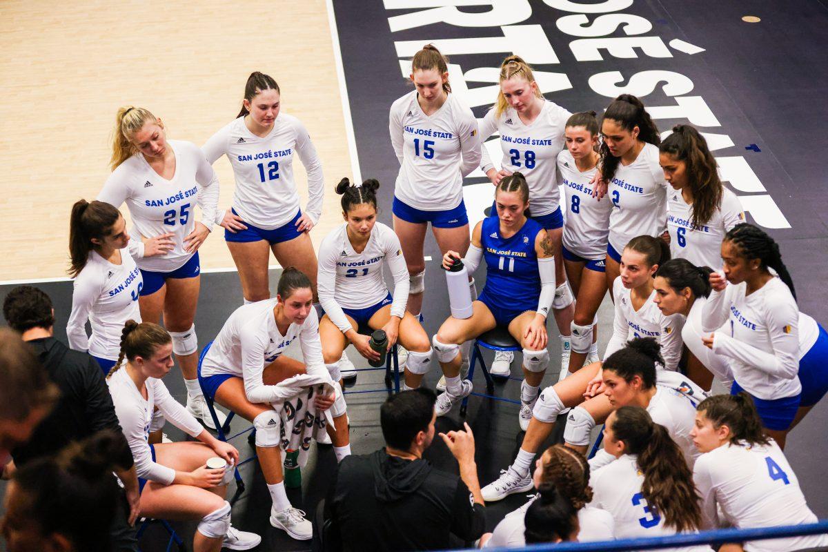 The SJSU volleyball team huddles up during a match against San DIego State University on Nov. 19 at Yoshihiro Uchida Hall. The Spartans finished the year 21-9