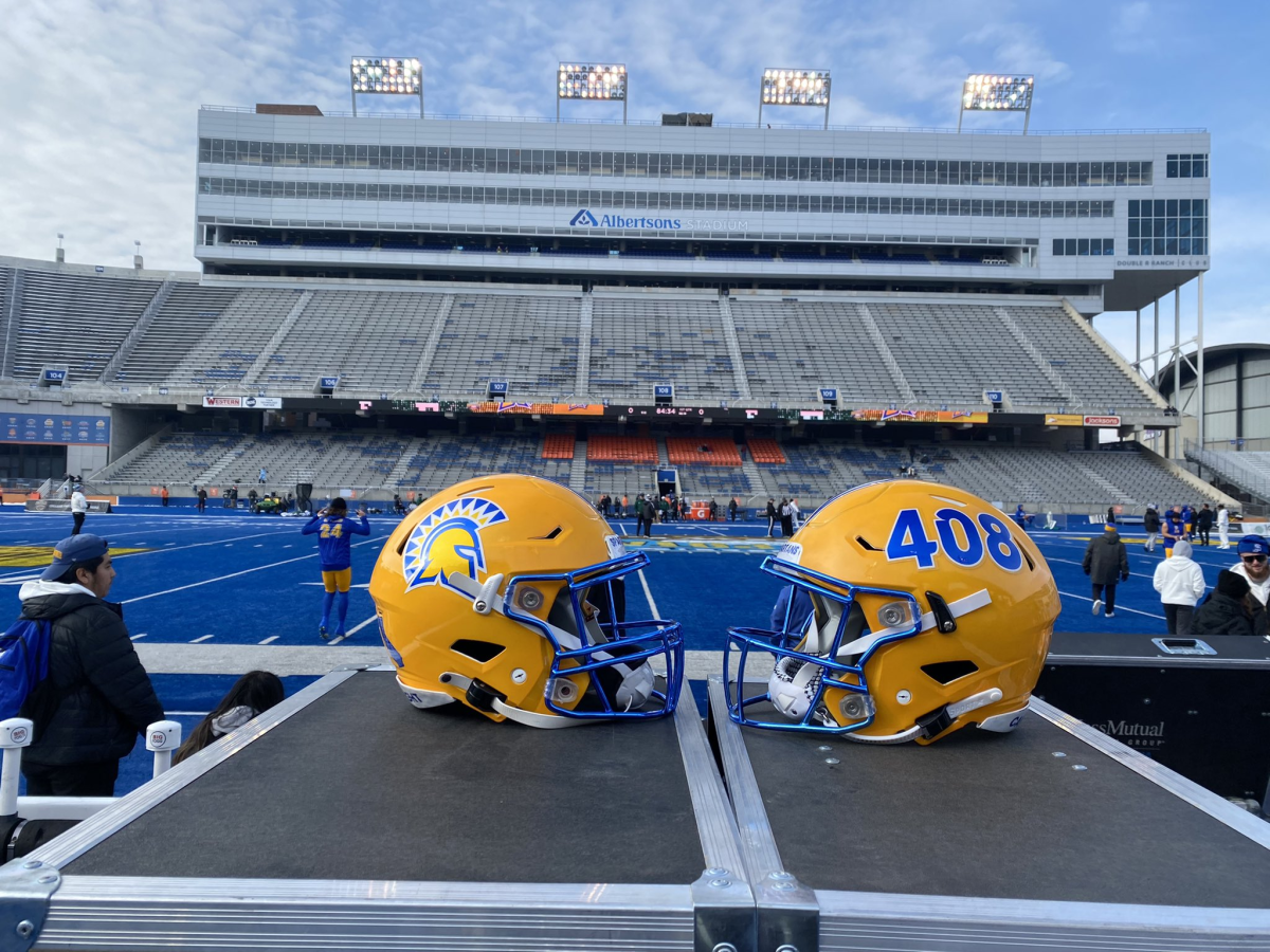 San Jose State wore the "408" helmets for the first time during their 41-27 loss to Eastern Michigan on Tuesday afternoon. Photo courtesy of Matt Weiner 