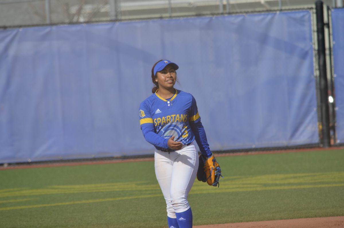 Freshman infielder Ahmiya Noriega prepares to field balls at practice on Tuesday morning at Spartan Softball Field.