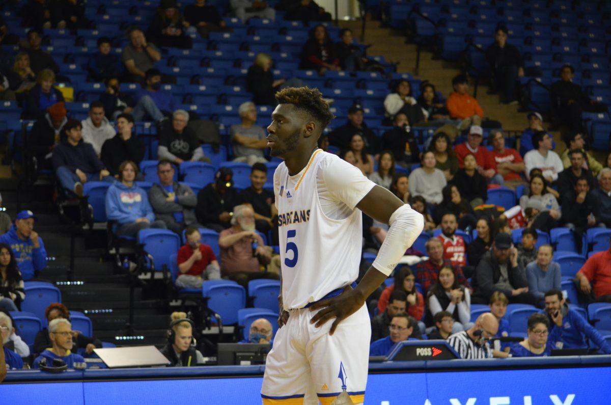 SJSU junior center Ibrahima Diallo walks back to the free throw line during a game against New Mexico earlier this season. Diallo finished with 6 points against Nevada on Tuesday.