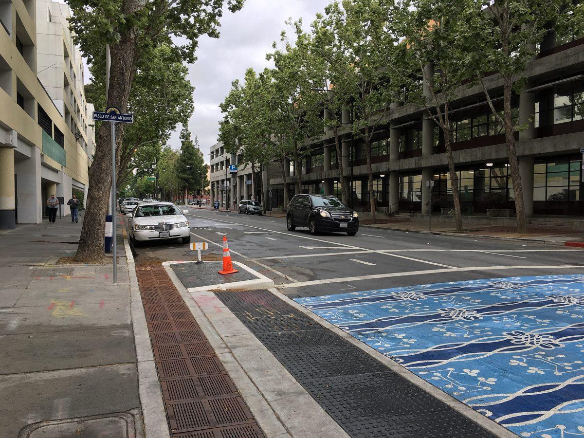 A car drives down 4th street at the intersection of Paseo de San Antonio and one block from SJSU.FASTILY, CC BY-SA 4.0 , via Wikimedia Commons